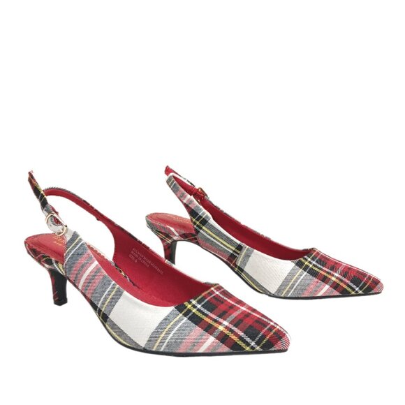 Isaac Mizrahi Plaid Kitten Heels Womens 6 Red Preppy Academia 90s Y2K Slingback - Picture 6 of 6